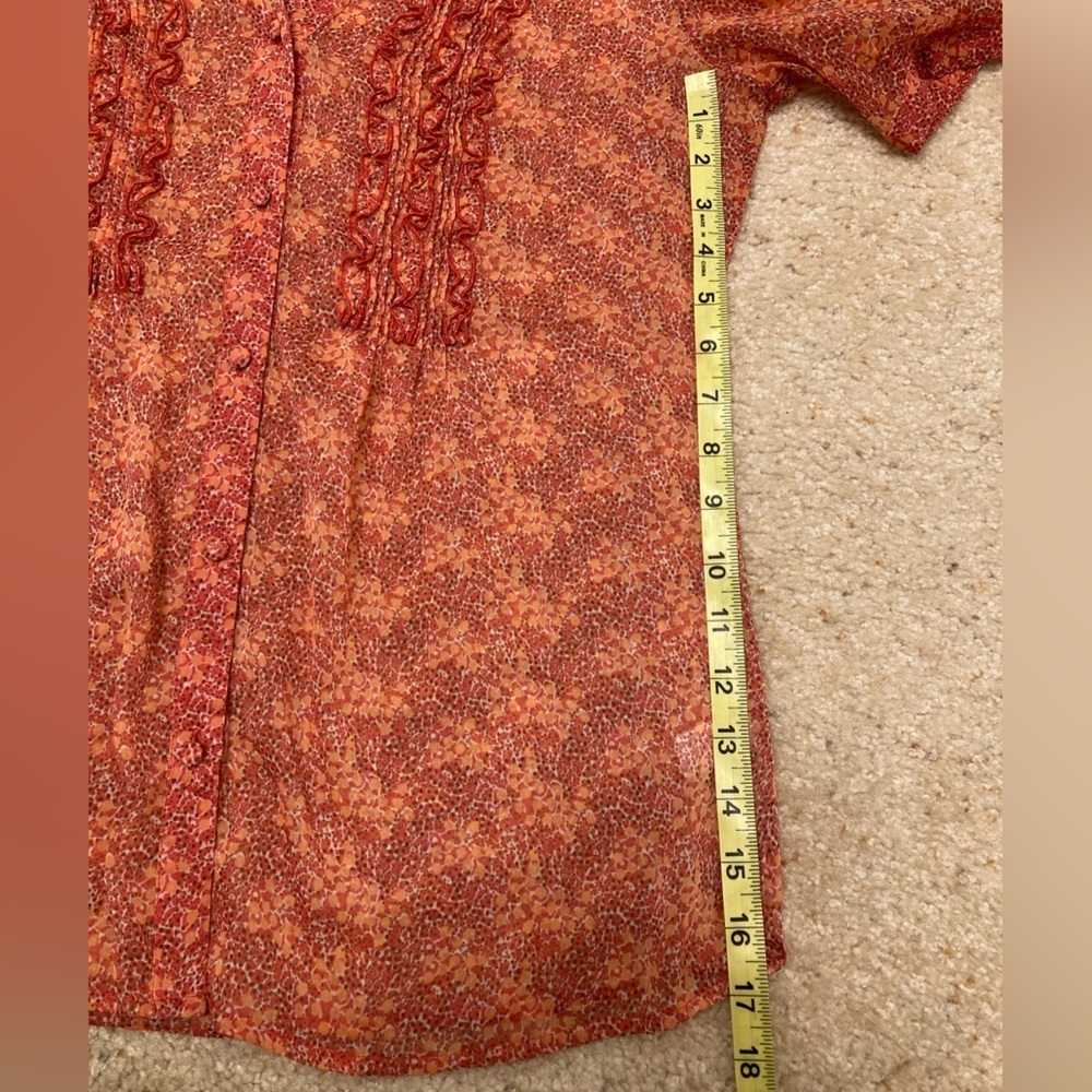 3/$20 Banana Republic Sheer Ruffled Floral Blouse Top Women Medium Orange Summer - Picture 8 of 8